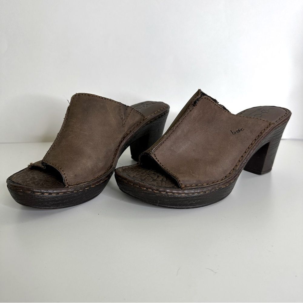 B.O.C. Brown Leather‎ Slip-on Heels Shoes Open Toe